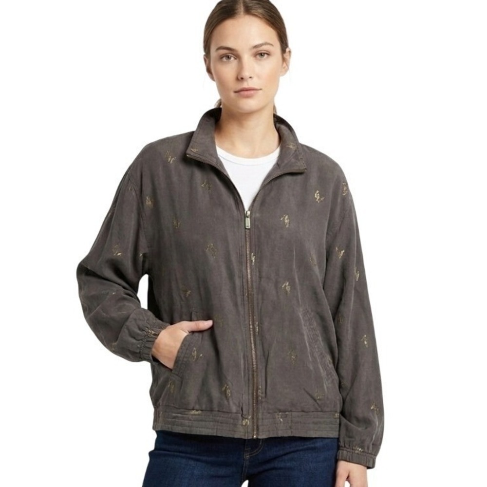 Abvien Silk Bomber Jacket Women's Medium Grey Gold Butterfly Embroidered Vintage